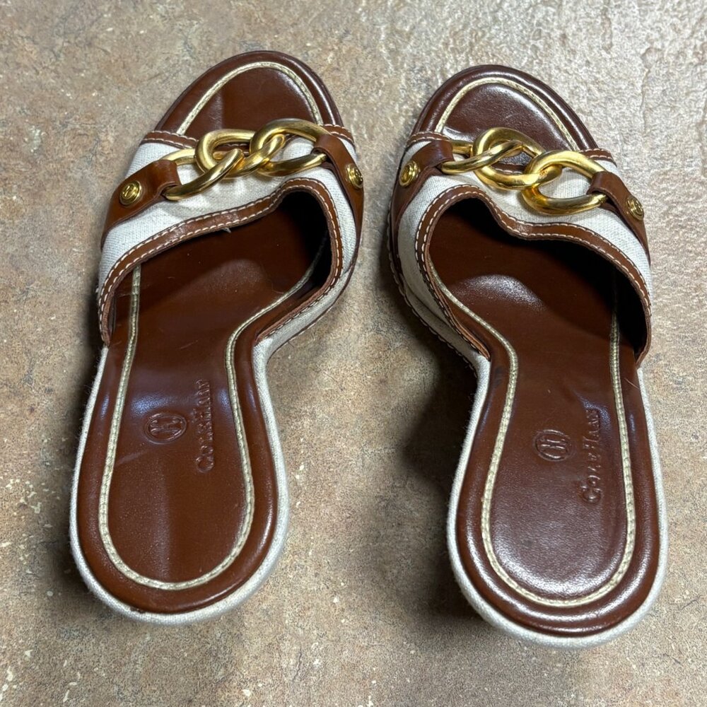 Worn 1X Cole Haan Kina Wedge Sandals Natural Linen Gold Accent Slides Size 8 B - Picture 9 of 16